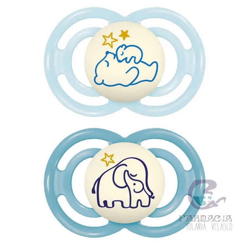Chupete Silicona Fisiológico Mam Perfect Night +6 Meses Pack Doble Azul