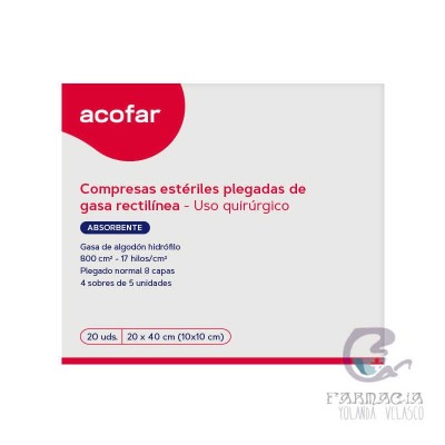 Gasa Esteril Algodón Hidrófilo Compresas Acofar 20x40 cm 20 Unidades